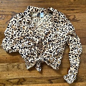 Leopard tie front collared crop top button down